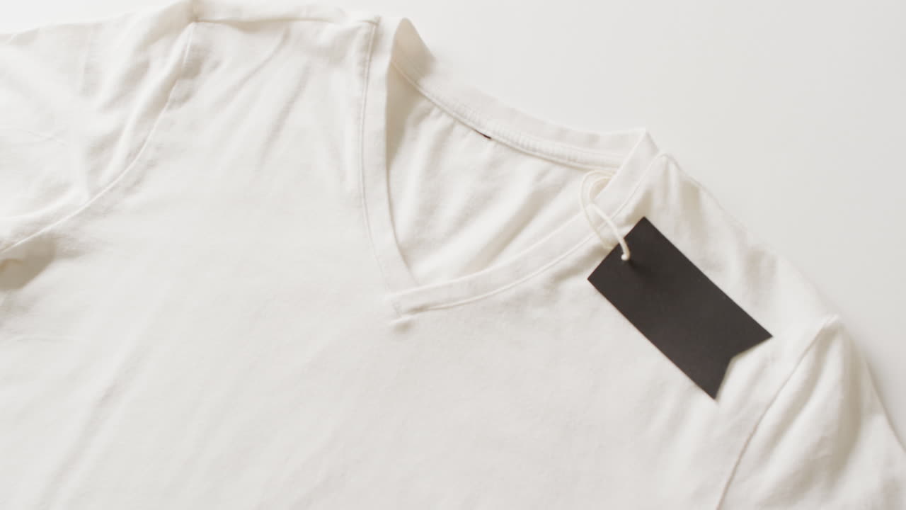 Video of close up of white t shirt with tag on white background