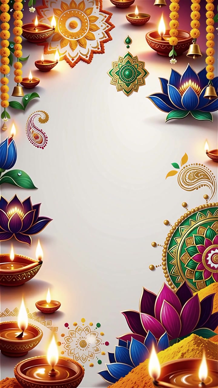 Sfondo Diwali con Diyas luminosi, Rangoli e fiori di loto