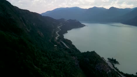 aerial view up coastline trans canada highway, squamish, canada