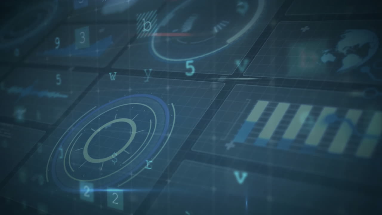 Futuristic data visualization and analysis animation with numbers and graphs