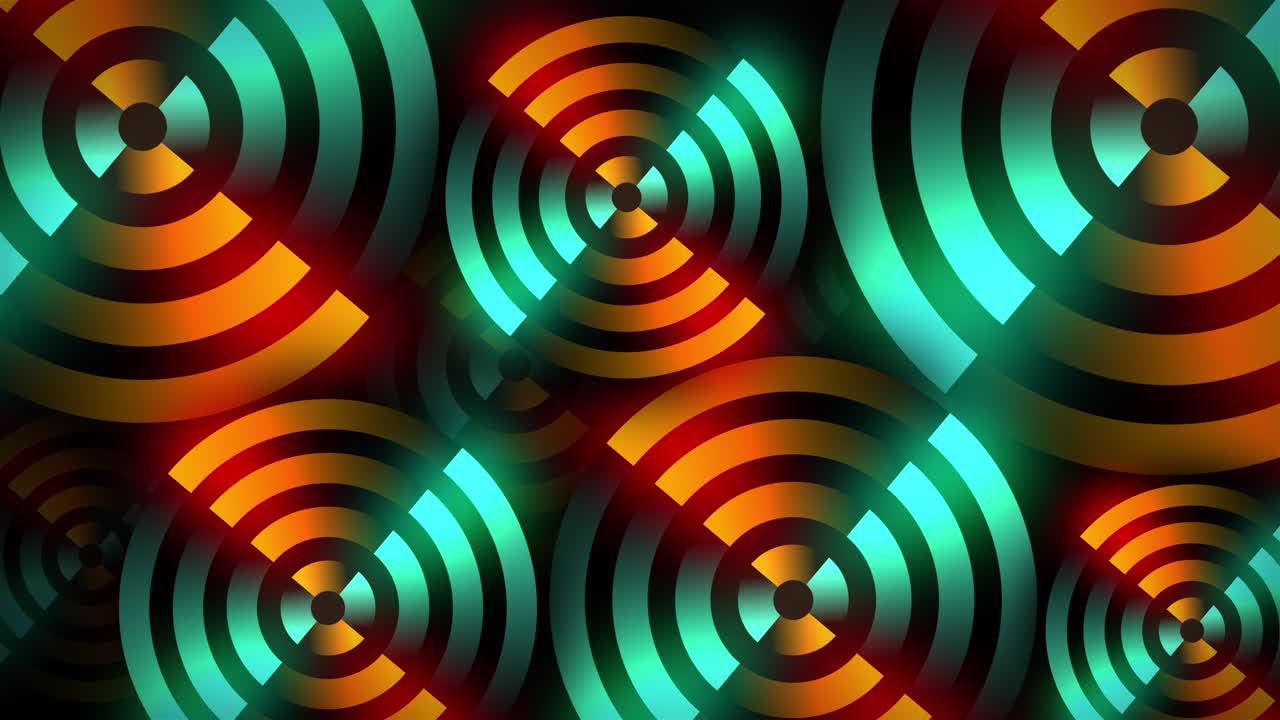 Rotating neon circles form vibrant line work as a target of glowing shapes in dynamic 3D animation illusion pattern on a dark gradient background motion graphics and visual effects colour orange teal