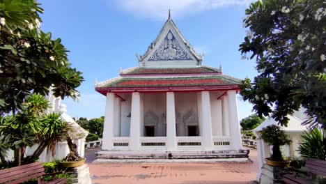 asian white and red temple exterior design, no people