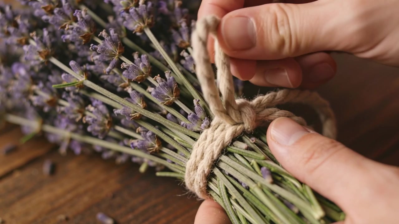 Mani artigiane raccolgono steli, legano e avvolgono una corda di iuta attorno a un fascio di lavanda su un tavolo di legno per l'asciugatura.