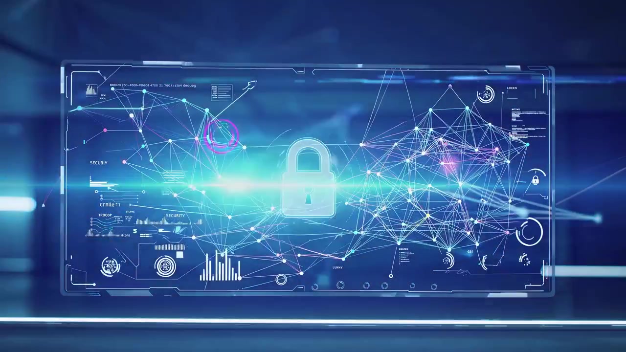 Digital Cybersecurity Interface with Glowing Padlock and Network Connections