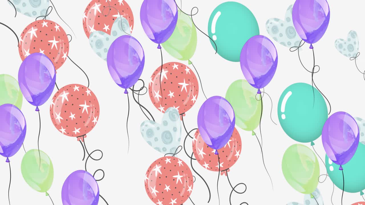 Animazione di palloncini a forma di cuore e stelle su palloncini che si muovono su sfondo bianco
