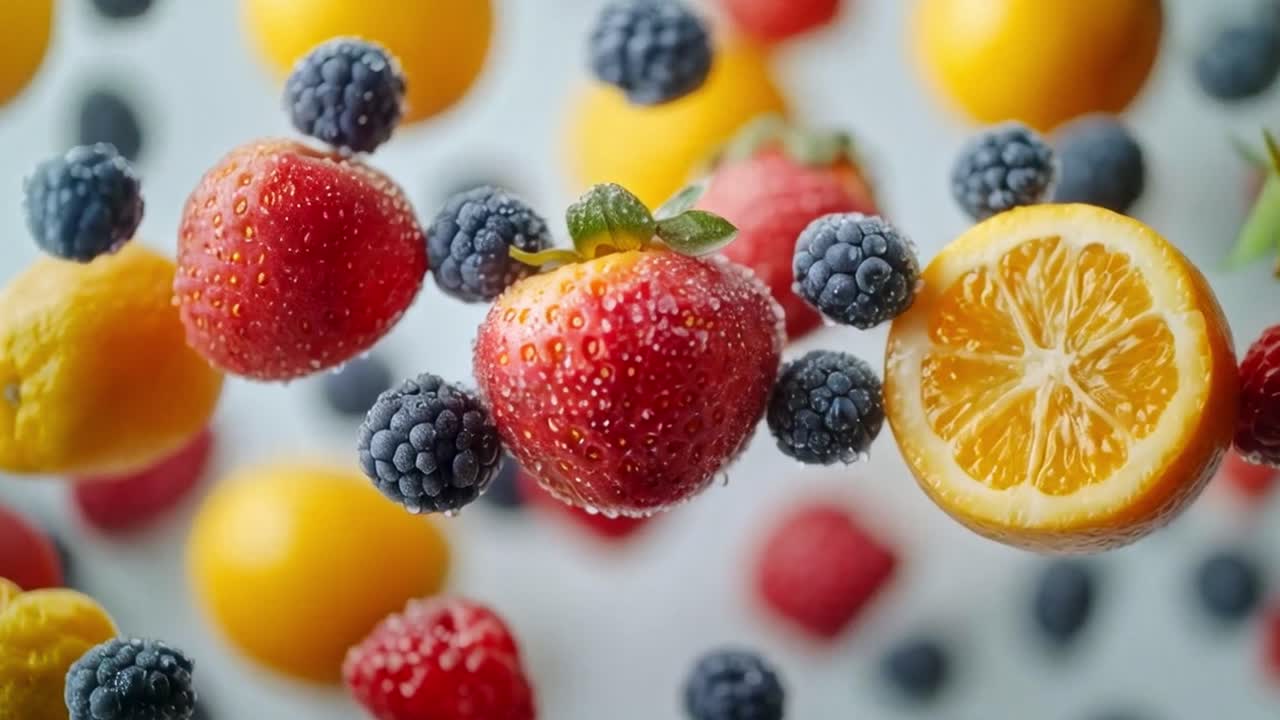 Assortment of Fresh Floating Fruits with Water Droplets