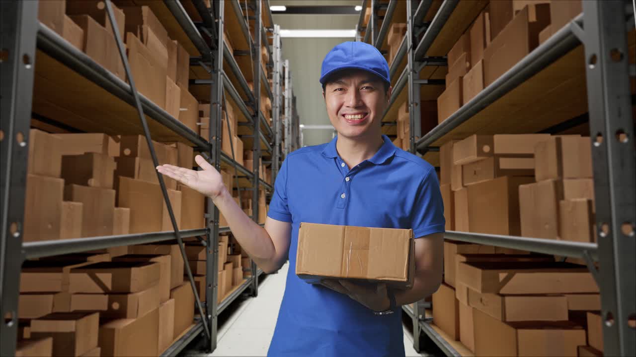 mensajero masculino asiático en uniforme azul sonriendo y señalando al lado mientras entrega un cartón en el almacén