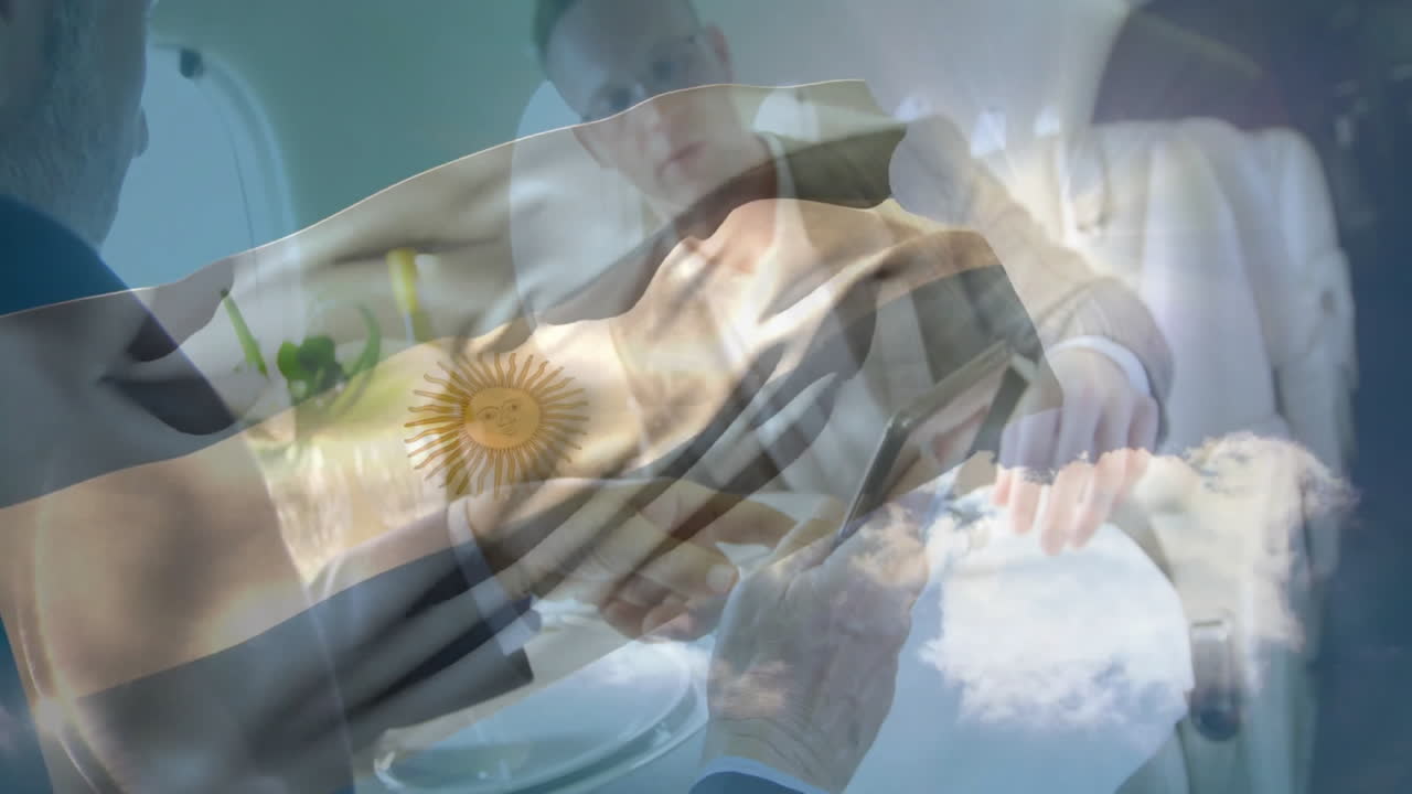 Argentinian flag animation while business professionals discussing documents in airplane cabin