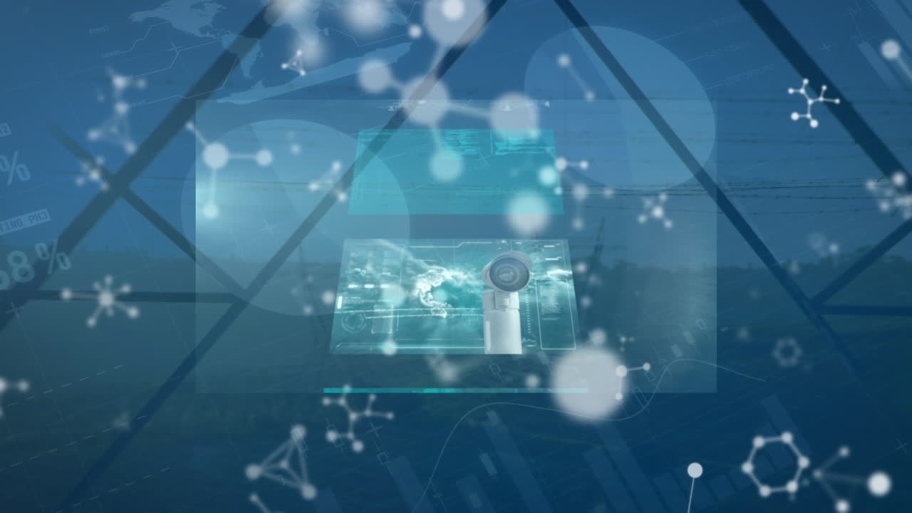 파란색 배경 위의 화면과 분자에 대한 데이터의 애니메이션