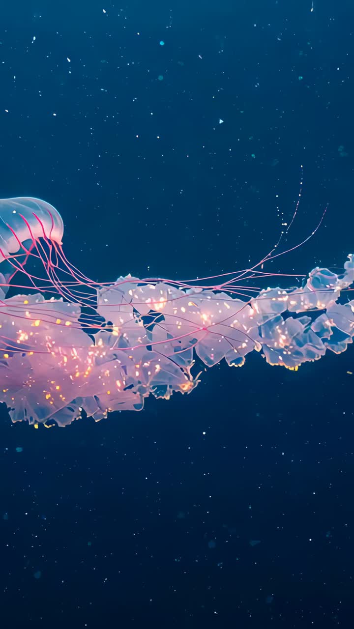 Vertical video: Pulsing bell moving jellyfish in deep blue water, showing pink tentacles and flecks