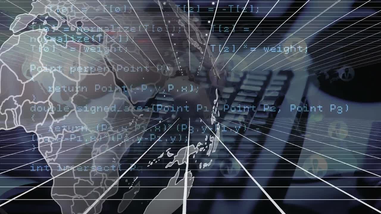 키보드에서 타이핑하는 손 위의 지구로 데이터 처리의 애니메이션