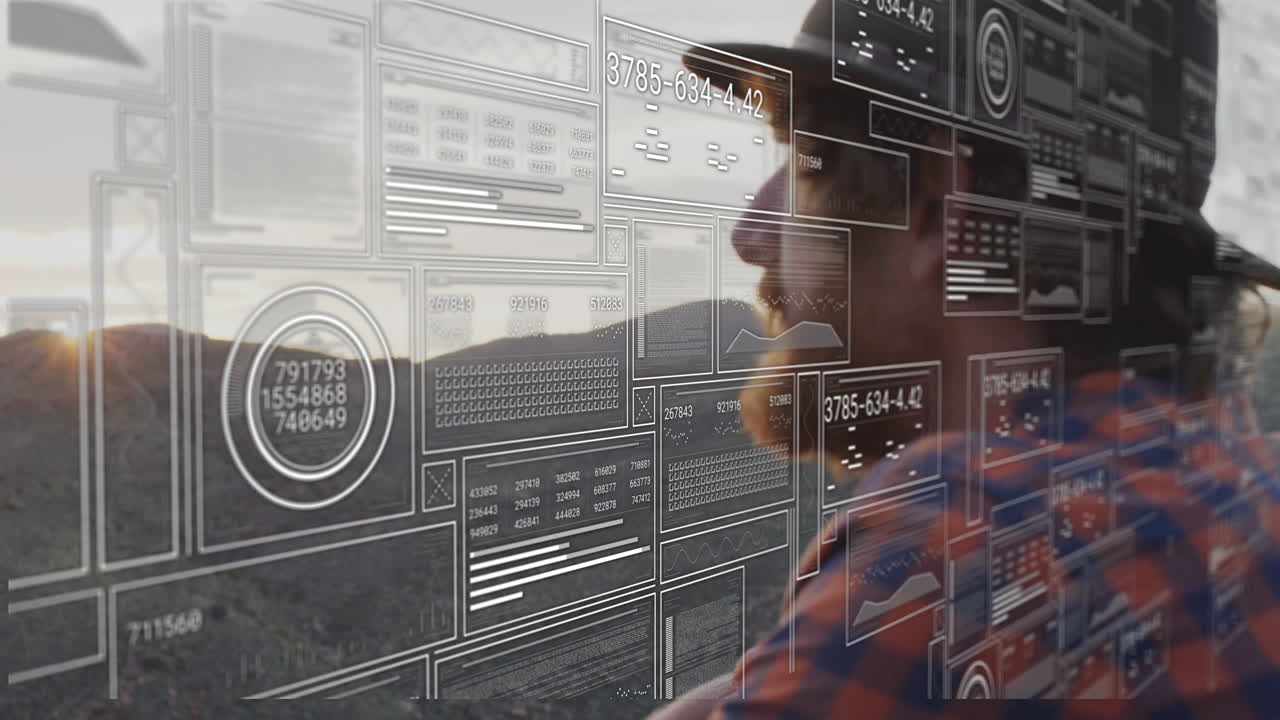 Man examining holographic UI outdoors, showing panels of charts, graphs and numeric data for tech