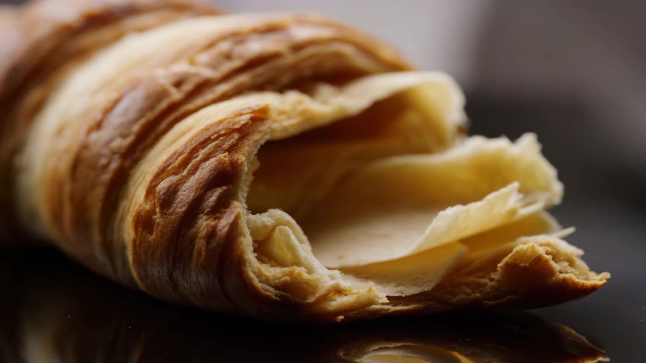 Un pezzo di croissant strappato poggia su una superficie scura lucida, esponendo strati delicati e la mollica tenera, mentre una luce laterale calda crea un'ombra soffusa, un riflesso sottile e un invitante dettaglio da panetteria.