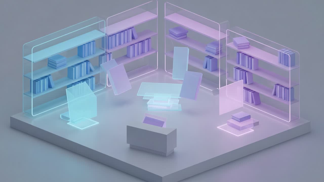 Elegant and Modern Virtual Library with Stylish Bookshelves and Floating Texts Creating a Futuristic Study Space Ideal for Learning and Productivity