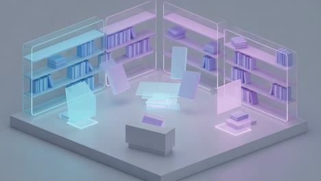 elegant and modern virtual library with stylish bookshelves and floating texts creating a futuristic study space ideal for learning and productivity