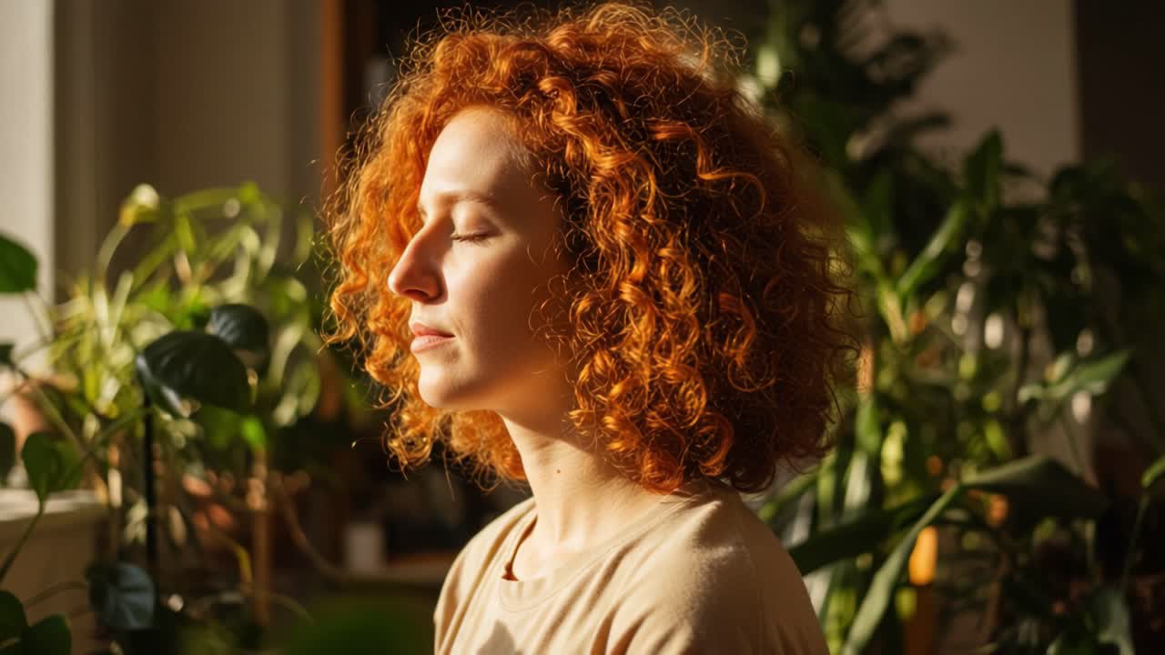 A Serene Moment of Tranquility: A Young Woman with Curly Red Hair Meditating in a Room Filled with Lush Green Plants, Embracing Inner Calmness and Connection with Nature