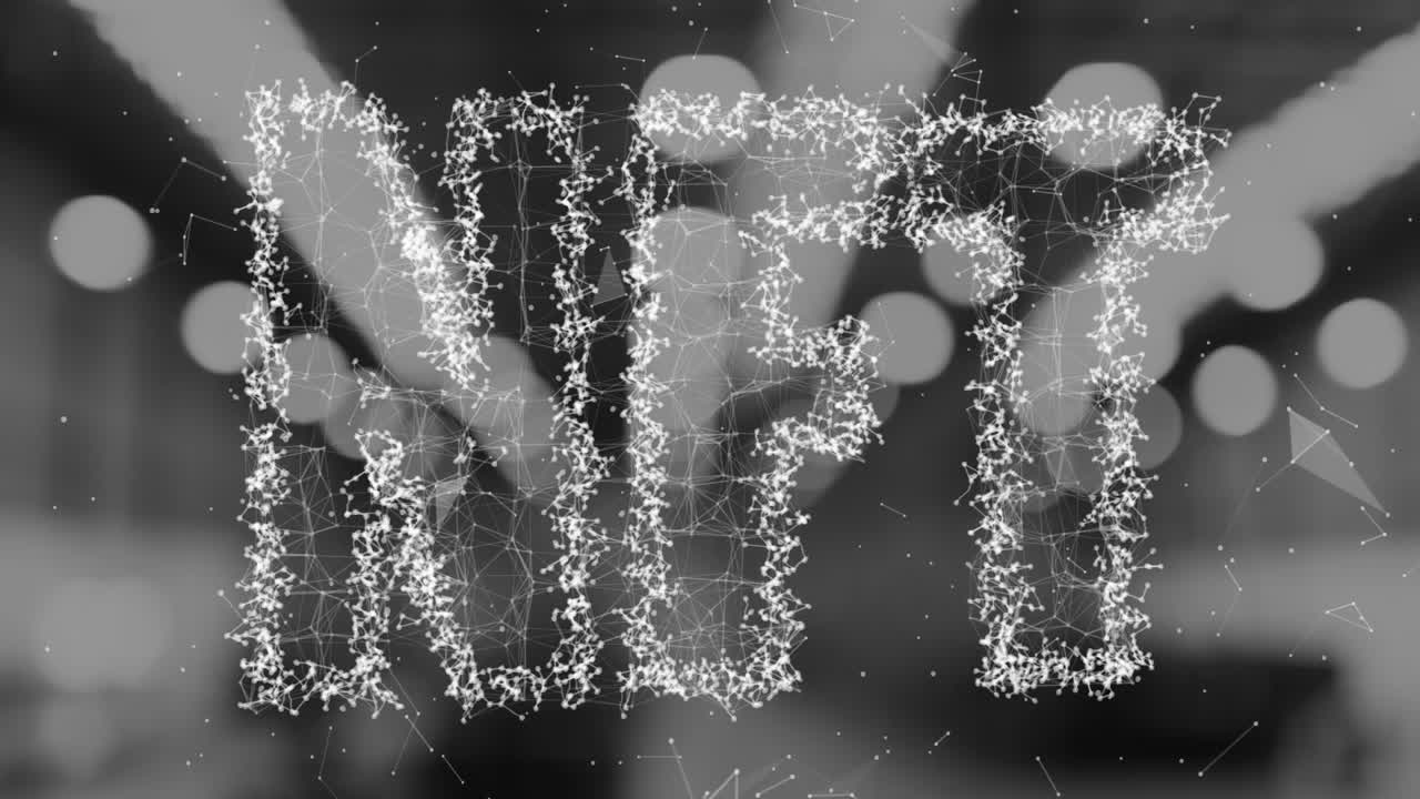 NFT lettering being animated in dark digital display, featuring glowing nodes and connecting lines