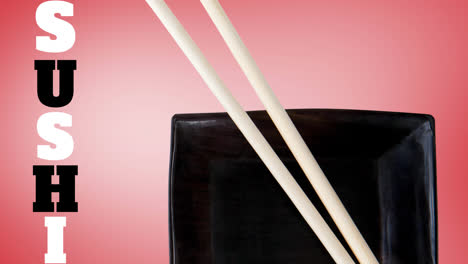 animación de sushi y plato con palos en fondo rosa