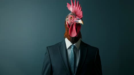 corporate rooster wearing tailored suit, posing confidently with professional demeanor against vivid blue backdrop during stylized business portrait