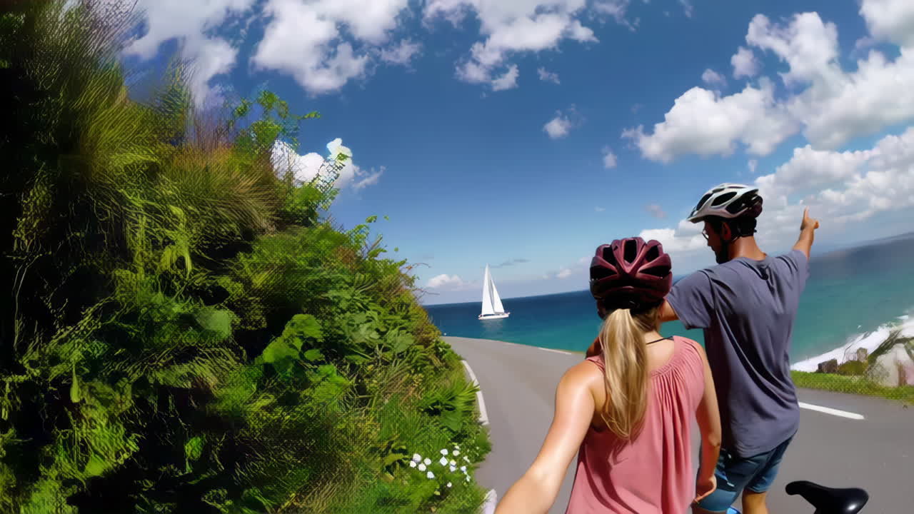 Couple Cycling along Coastal Road