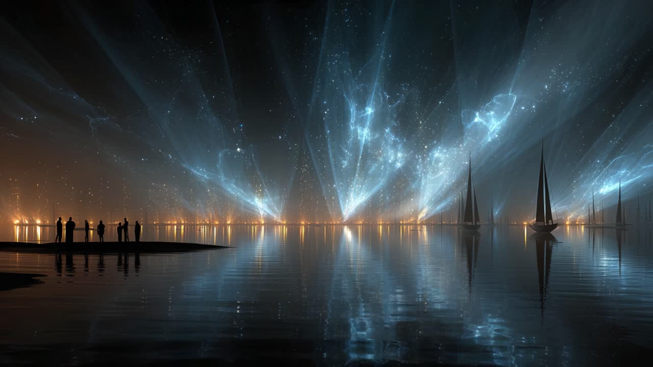 Silhouettes of people on a pier watching a spectacular cosmic light show similar to an aurora borealis over a calm sea, with sailboats peacefully sailing under the starry and ethereal night sky