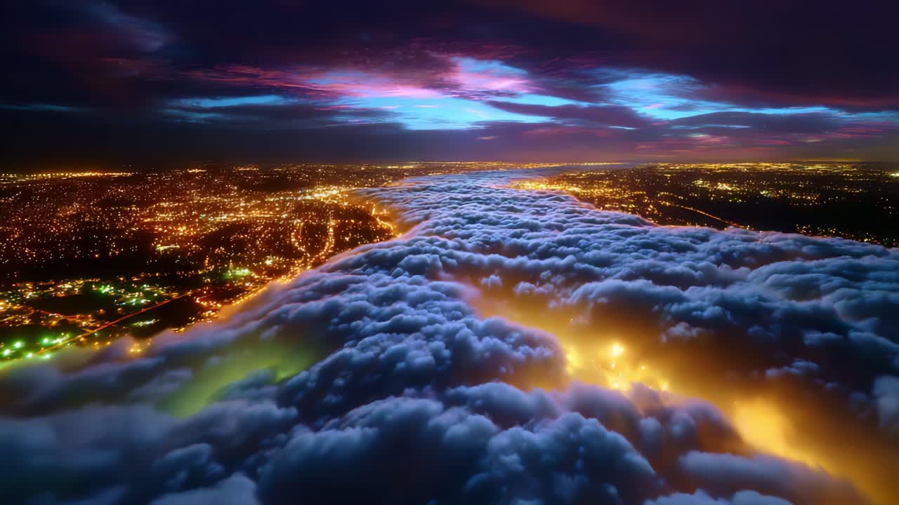A breathtaking aerial view showcasing a mesmerizing nightscape where vibrant city lights meet a blanket of rolling clouds, creating a stunning contrast against a colorful twilight sky filled with hues of purple and blue
