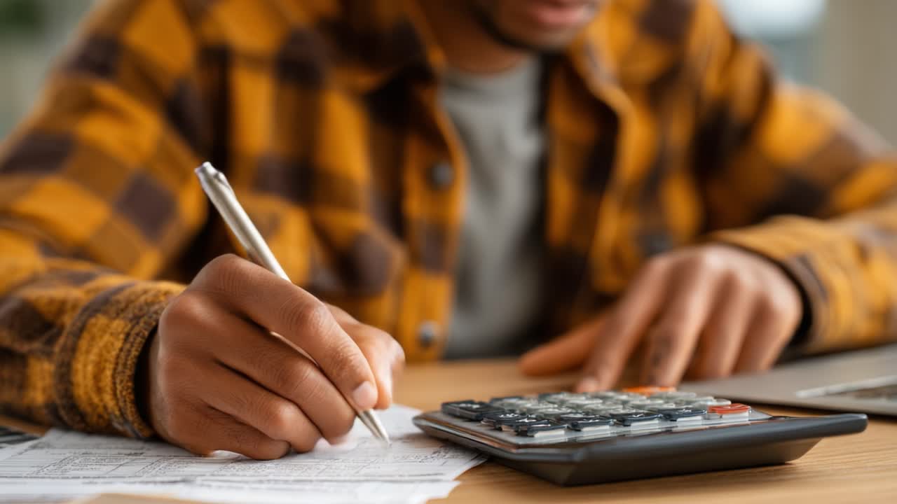 Calcolo delle finanze: primo piano di una persona che gestisce il proprio budget utilizzando una calcolatrice e scrivendo documenti