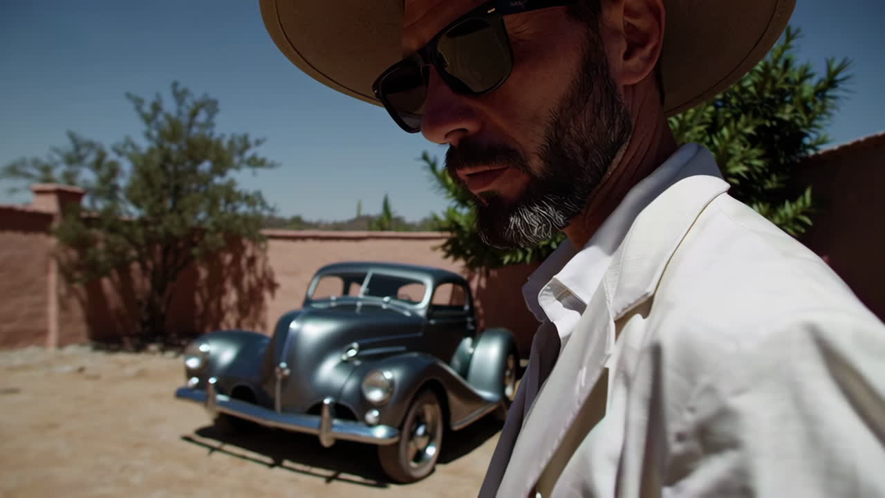 Man in a vintage car