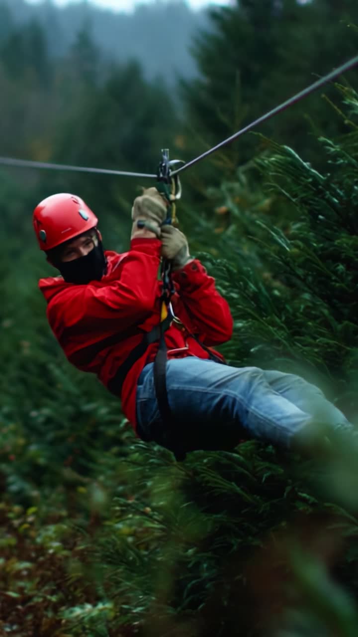 An Adventurous Individual Enjoying a Thrilling Ziplining Experience Through Lush Evergreen Trees, Amplifying the Adrenaline Rush While Soaring Above the Ground in a Vibrant Red Outfit