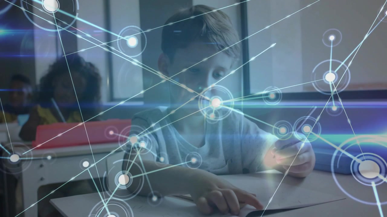 Front boy flipping workbook while writing, initiating network overlay expanding, mapping education