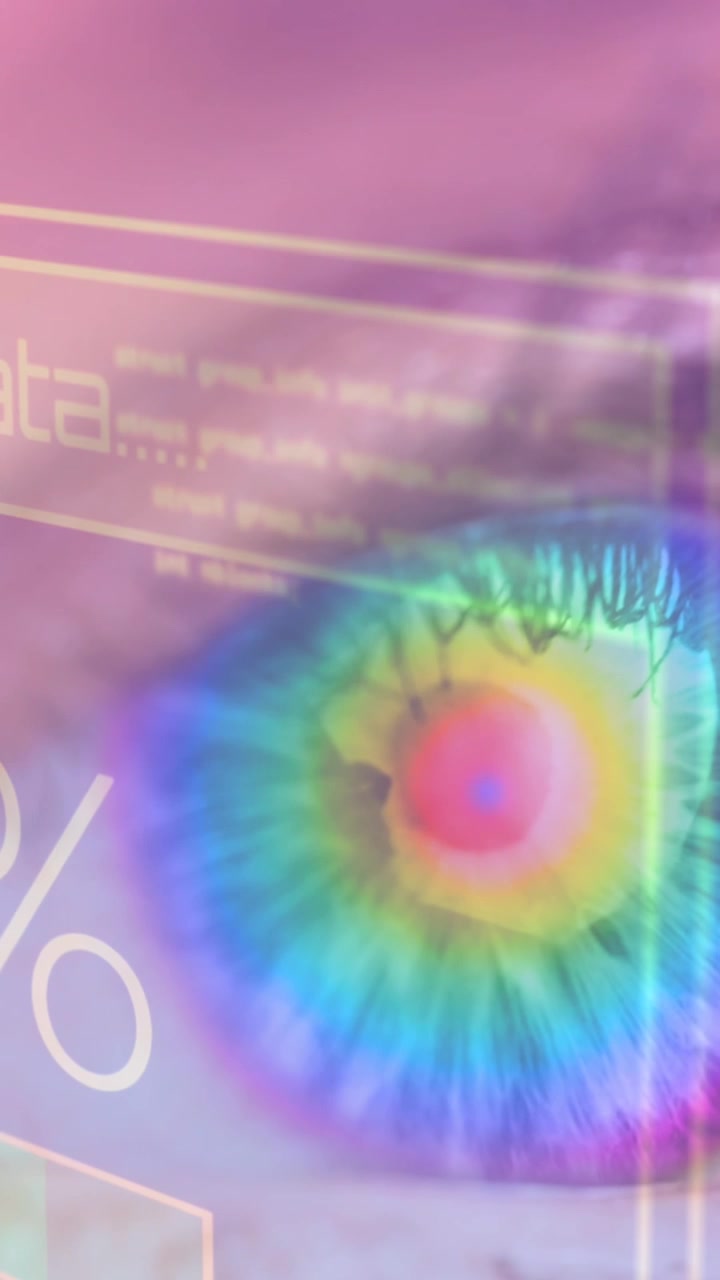 Animation of caucasian female blue eye, business data processing on digital interface in foreground