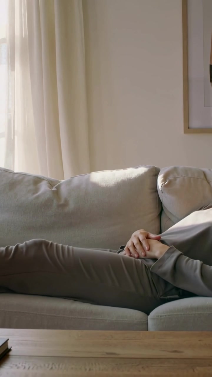 Video verticale: Donna in tuta grigia reclinata sul divano, che allunga le gambe alla luce soffusa della tenda.