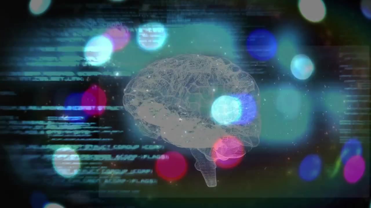 Glitch sweep starting, glassy brain becoming clear and rotating while code scrolling revealing code