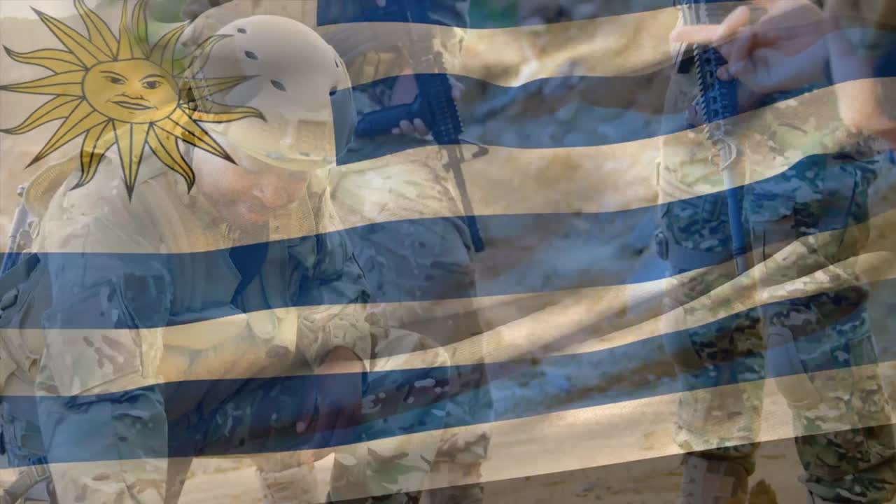 무기를 들고 있는 다양한 남성 군인 들 위 에 있는 우루과이 의  ⁇ 발 의 애니메이션