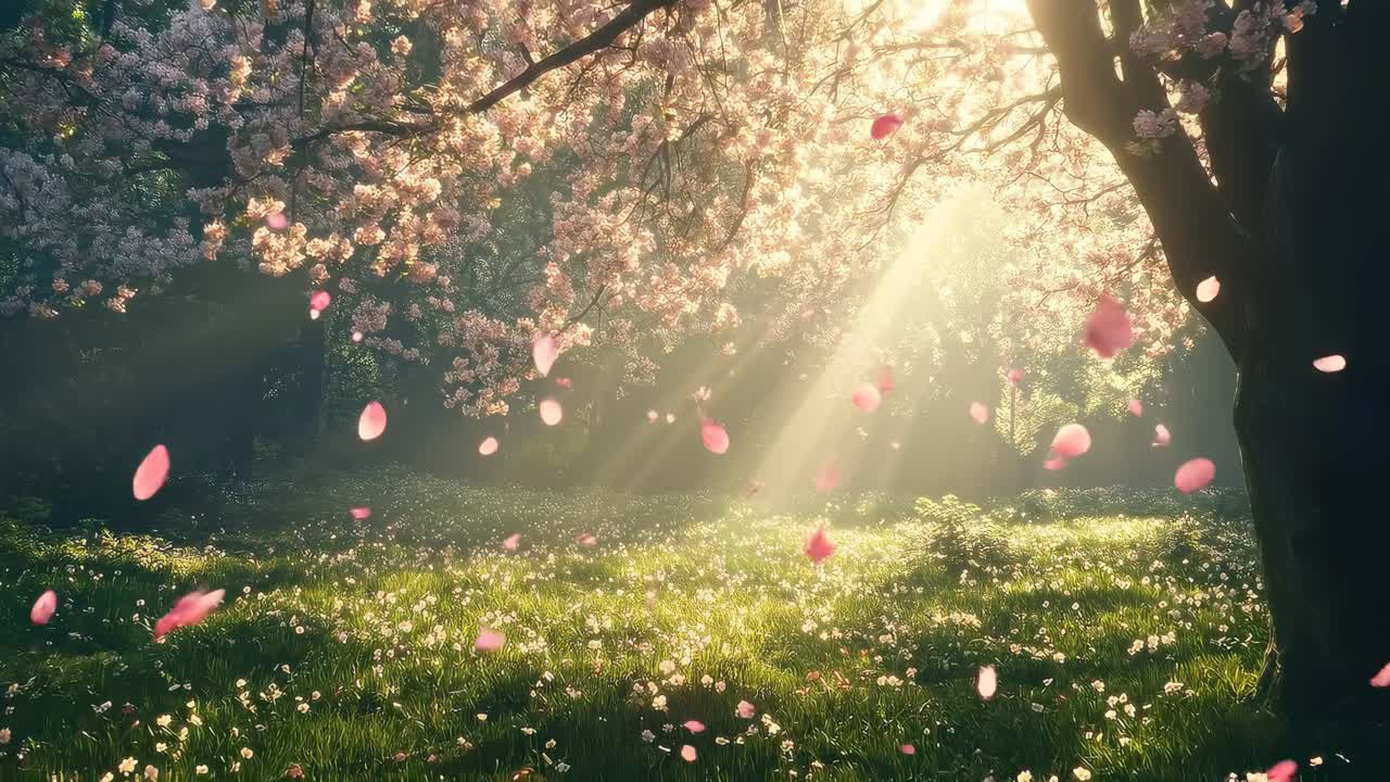 Serene video scene of sunlight streaming through cherry blossoms, captured at eye level