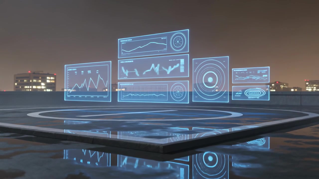 Sweeping luminous ribbon forming hologram panels above rooftop helipad for landing guidance