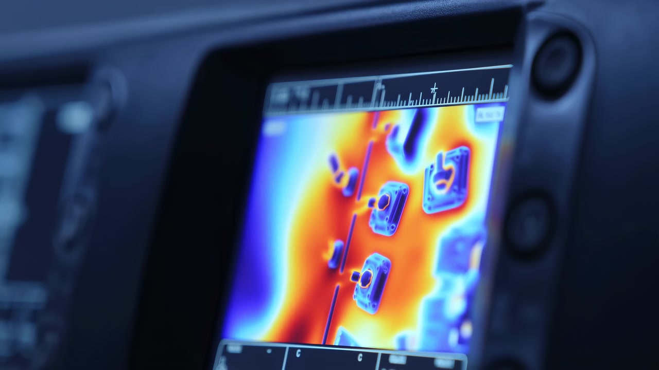 A neutral thermal imaging display is showcased in a metallic indoor setting, featuring blue and red elements, possibly within a control room or laboratory environment. The static shot.