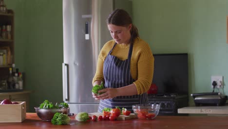 happy caucasian woman preparing salad, chopping vegetables in kitchen