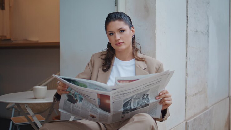 Rich businesswoman reading newspaper at street cafeteria closeup. Gorgeous woman