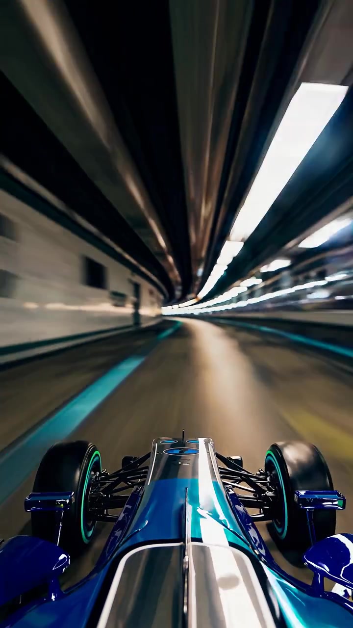 Punto di vista di un'auto da corsa ad alta velocità che sfreccia in un tunnel