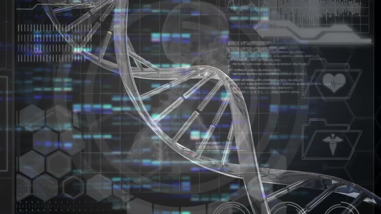 Animation of 3d dna strand spinning and data processing over human skeleton