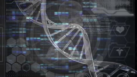 Animation-Des-Spinnens-Von-3D-DNA-Strängen-Und-Der-Datenverarbeitung-über-Dem-Menschlichen-Skelett