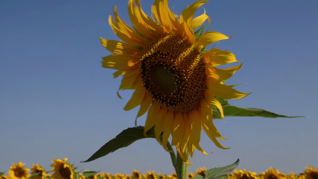 Primo piano di un girasole vibrante che ondeggia in un campo sotto un cielo blu.