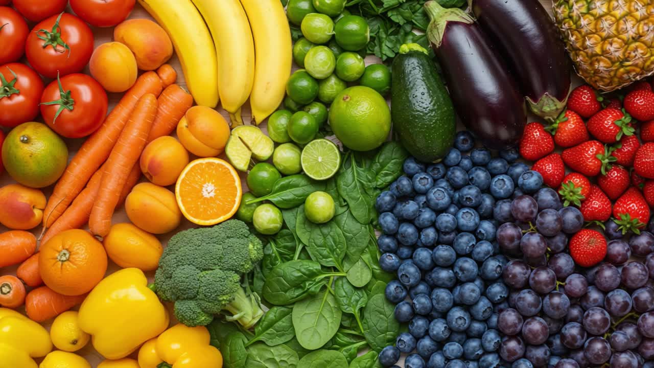 Vibrant Fresh Fruits and Vegetables Displayed in a Colorful Array Representing Health and Nutrition Benefits for a Wholesome Lifestyle