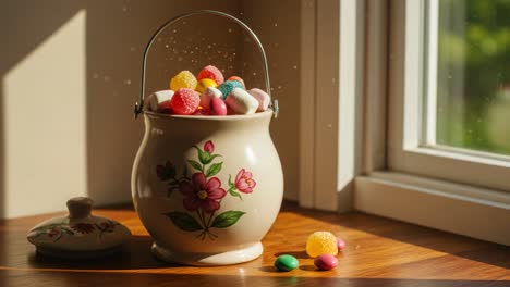 a charming vintage candy jar filled with colorful treats illuminated by sunlight, inviting a sense of nostalgia and joy in a bright, cozy space