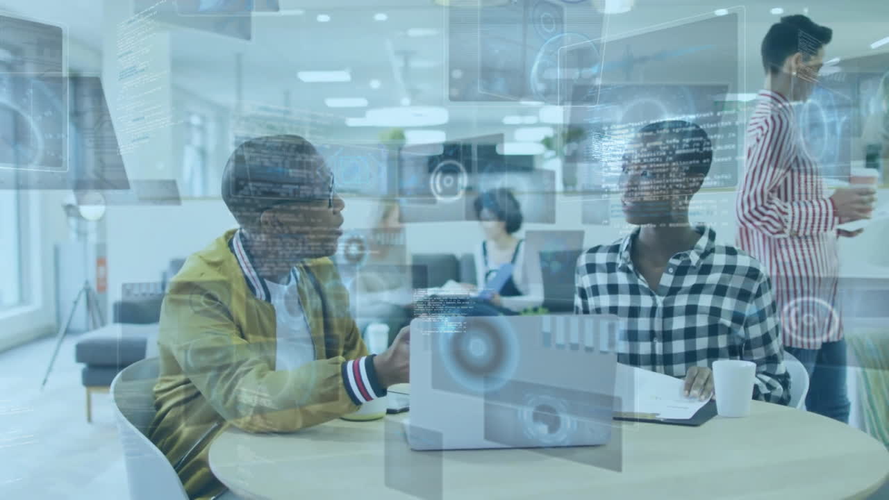 Animation of financial data processing over diverse business people in office