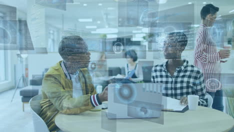 animation of financial data processing over diverse business people in office
