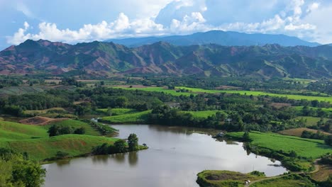 aerial orbit shot of a lake with mountains as background