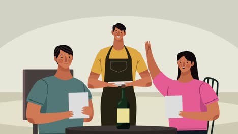 couple in restaurant with waiter animation