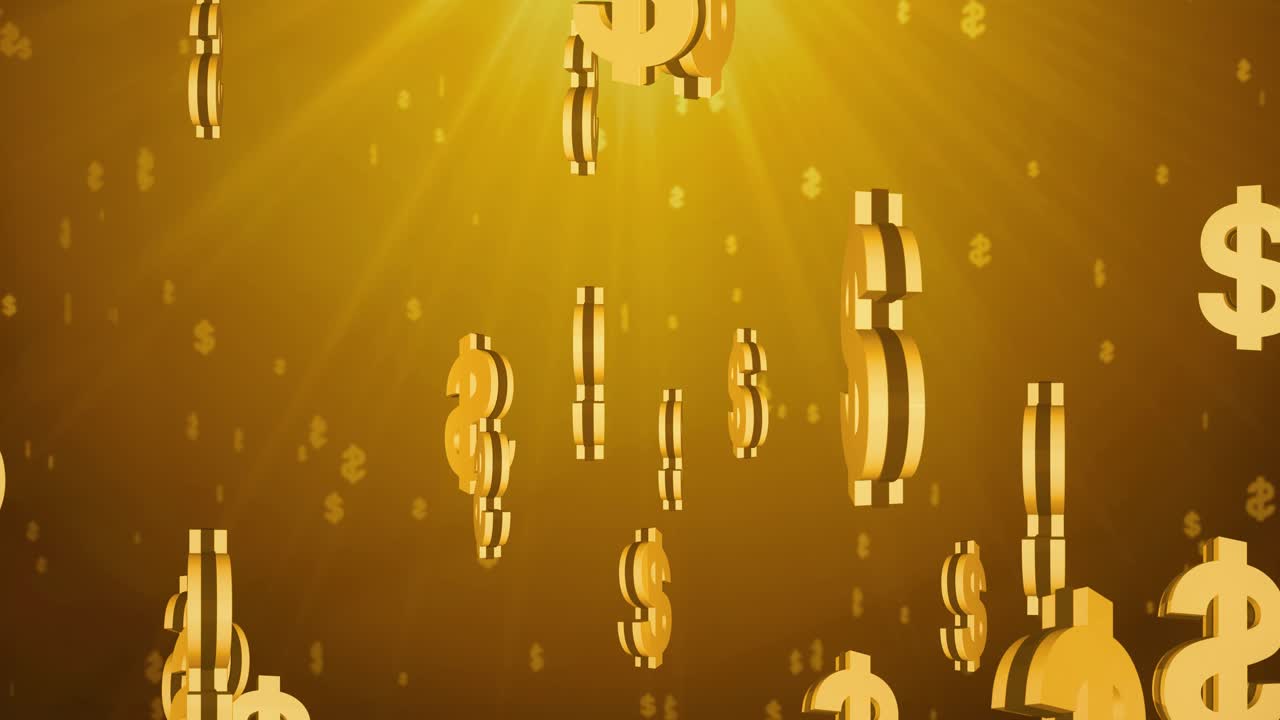 Shiny golden world us dollar currency signs falling down in slow motion 3d money stock digital